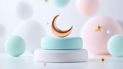 Poster - Golden crescent moon on pastel platform with floating pastel spheres and stars.