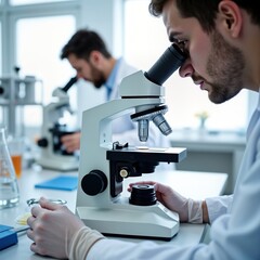 Poster - Scientists examine sample under microscope in lab. Research, analysis focus. Two scientists work in lab environment. Modern equipment used for study. Precision, method in procedure. Discoveries