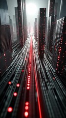 Wall Mural - dynamic view of a futuristic cityscape with illuminated data streams and towering skyscrapers at dus