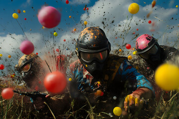 Wall Mural - adrenaline chase: paintball players strategically duck behind obstacles in intense game of skill and