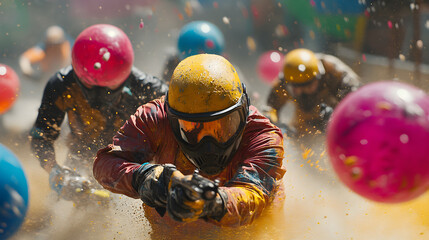 Wall Mural - adrenaline chase: paintball players strategically duck behind obstacles in intense game of skill and