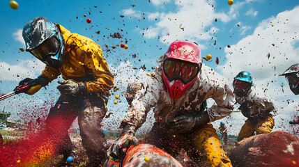 Wall Mural - adrenaline chase: paintball players strategically duck behind obstacles in intense game of skill and