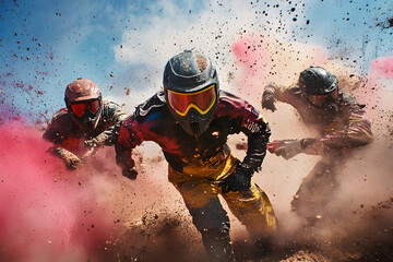 adrenaline chase: paintball players strategically duck behind obstacles in intense game of skill and