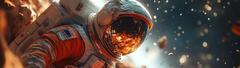 Wall Mural - astronaut exploring a fiery alien landscape outer space digital illustration sci-fi environment dram