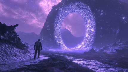 Poster - Mysterious portal opening otherworldly landscape digital art nighttime futuristic surrealism