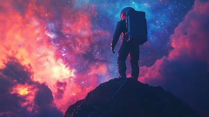 Wall Mural - astronaut standing on mountain cosmic landscape space art colorful nebula inspirational viewpoint