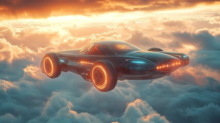 Poster - Futuristic vehicle in flight above the clouds digital art dreamlike atmosphere aerial view sci-fi concept