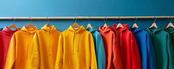 Poster - Colorful casual hoodies hanging on wooden hangers in a row on blue background