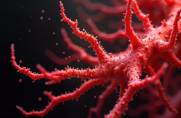 Leinwandbilder - Close-up view of complex red substance structure against dark background. Intricate branching forms suggest biological chemical structure. Small bubbles particles seem to float around substance.