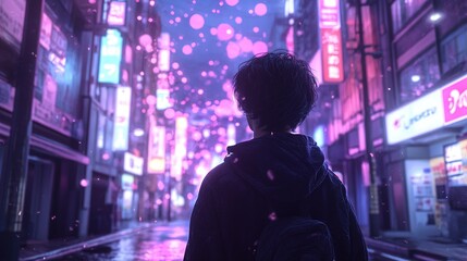 Poster - Exploring a dreamy neon alley tokyo digital art nighttime rear view urban fantasy