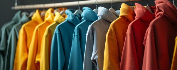 Poster - Row of colorful hoodies hanging on a clothes rail, showcasing a trendy fashion collection