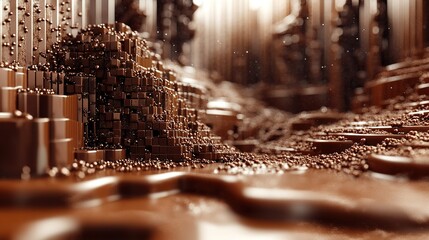 Poster - Exploration of abstract chocolate terrain imaginary landscape digital art rich environment close-up view conceptual visualization