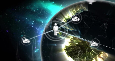 Poster - image of network of connections with icons over globe