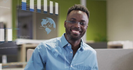 Poster - Image of data processing and diagrams over biracial businessman smiling in office