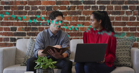 Poster - Image of diagrams over diverse colleagues discussing work in office