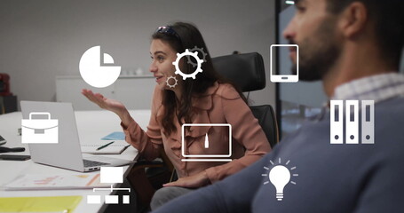 Poster - Image of business icons over diverse colleagues discussing work