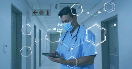 Poster - Image of chemical formula over biracial male doctor using tablet