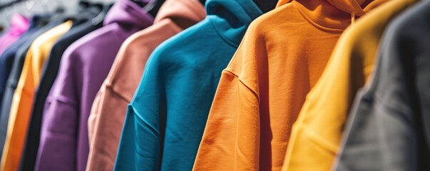 Poster - Colorful hoodies on display in a retail clothing store