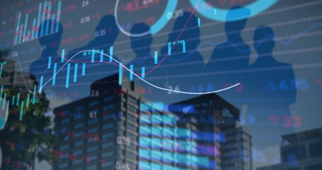 Poster - Image of diagrams and stock market over silhouettes of business people and cityscape