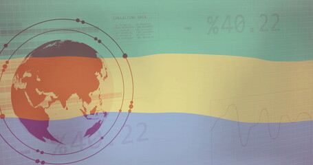 Poster - Image of flag of gabon over globe, charts and processing data