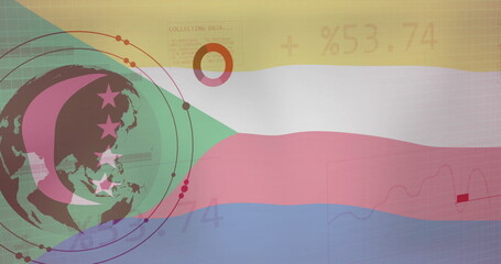 Poster - Image of flag of comoros over globe, charts and processing data