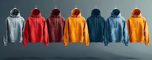 Poster - Seven colorful hoodies hanging on hangers against a gray background