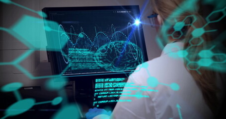 Poster - Image of light and medical data processing over caucasian female scientist working at computer
