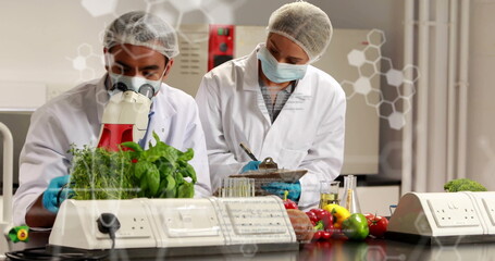 Poster - Image of element diagrams and data processing over two diverse scientists working at lab