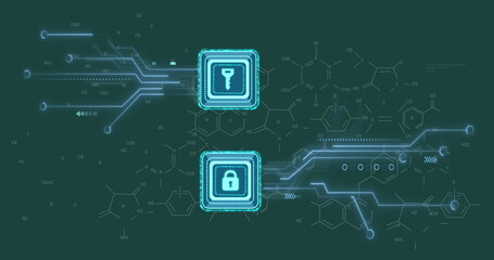Poster - Image of key and padlock icons over chemical formula on green background
