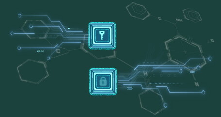 Poster - Image of key and padlock icons over chemical formula on green background