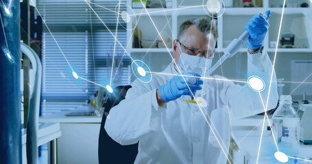 Poster - Image of scientific data processing over caucasian male scientist in laboratory