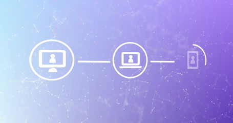 Poster - Image of network of connections with icons over purple background
