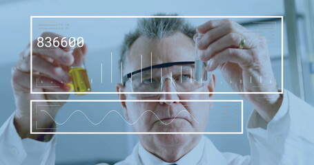 Poster - Image of scientific data processing over caucasian male scientist in laboratory