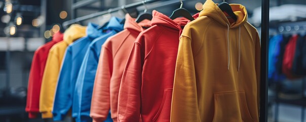Poster - Colorful hoodies hanging on clothes rack in a fashion store