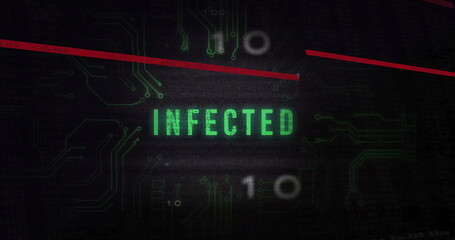 Aufkleber - image of infected text and digital data processing over black background