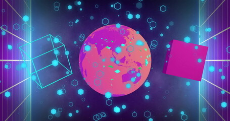 Poster - Image of globe and shapes moving on black background