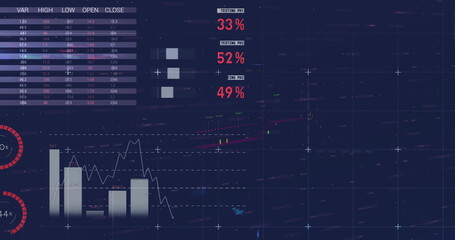 Poster - image of financial data processing over blue background