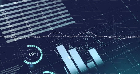 Poster - image of financial data processing over blue background