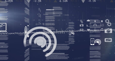 Poster - image of financial data processing over blue background