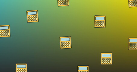 Poster - Image of calculators moving over soft green to yellow background