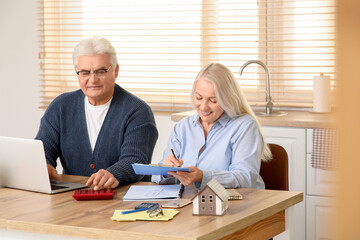 Wall Mural - Senior couple calculating utility bills at table in kitchen