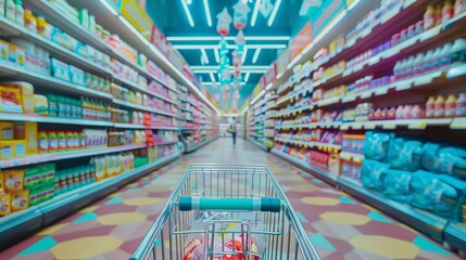 Aufkleber - Shopping cart navigating through grocery store aisle with vibrant products on display