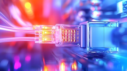 Leinwandbilder - Futuristic network switch with illuminated ethernet cables in a high performance data center environment highlighted by neon light trails and dynamic vibrant designs  Representing the connectivity