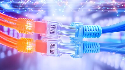 Fototapete - Closeup of Multiple RJ45 UTP Cat6 LAN Cables and Fiber Optic Connections with Glowing Computer Data Link Icons Symbolizing Cloud Computing Server Systems