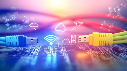 Fototapete - Vibrant digital featuring an array of Ethernet cables fiber optics and data connections linked to icons for cloud computing switches routers and WiFi hubs