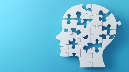 Aufkleber - Abstract modern design featuring a human head shape formed by puzzle pieces falling out highlighted against a gradient blue background symbolizing the complexity mental health