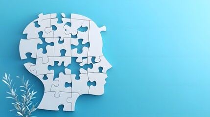 Poster - Scattered puzzle pieces arranged in the shape of a head representing the concept of personal growth cognitive challenges and mental well being