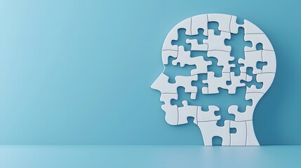 Poster - Creative visual representation of a head shaped puzzle with scattered and missing pieces on a vibrant blue background symbolizing personal growth cognitive challenges and mental well being