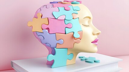 Poster - Colorful puzzle pieces assembled into the shape of a human head representing mental health self discovery and personal growth on a smooth gradient background of soft pastel tones with vivid details