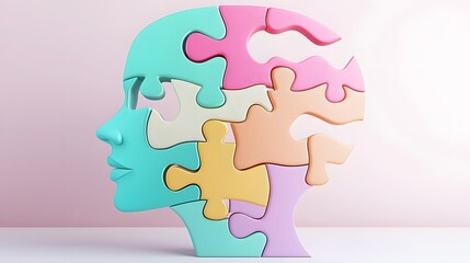Poster - Colorful puzzle pieces assembled into the shape of a human head on a smooth gradient background of soft pastel tones representing the concepts of mental health self discovery
